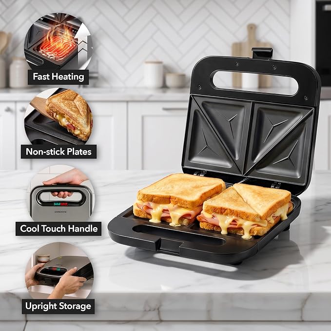 OVENTE Electric Sandwich Maker, 750W Non-Stick Plates, Black GPS401B