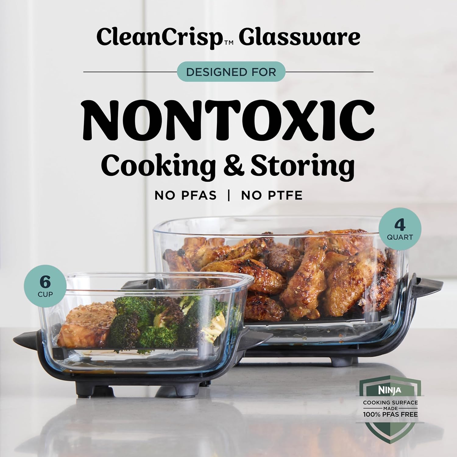 Ninja Crispi Glass Air Fryer, 4-in-1, Grey, FN101GY | Max crisp, bake, air fry, recrisp, 450F max, 4 Qt and 6 Cup containers, PFAS-free glass