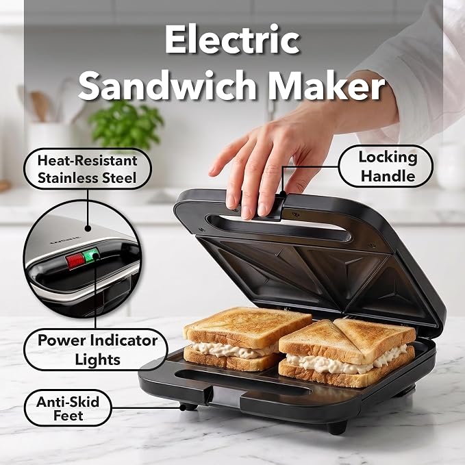 OVENTE Electric Sandwich Maker, 750W Non-Stick Plates, Black GPS401B