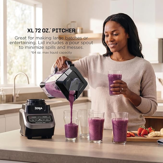 Ninja Professional Blender, 1000W, Total Crushing Tech, 72oz Pitcher, BL610 | 1000W Total Crushing blades crush ice & blend smoothies, sauces. XL 72-oz...