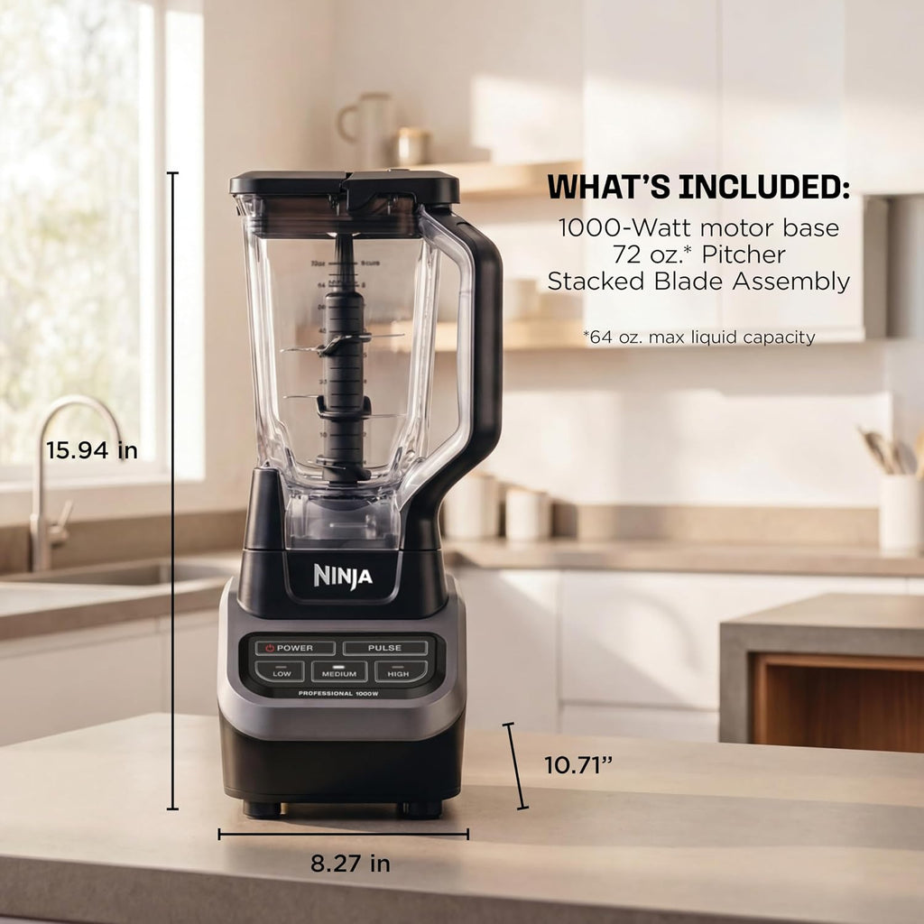 Ninja Professional Blender, 1000W, Total Crushing Tech, 72oz Pitcher, BL610 | 1000W Total Crushing blades crush ice & blend smoothies, sauces. XL 72-oz...